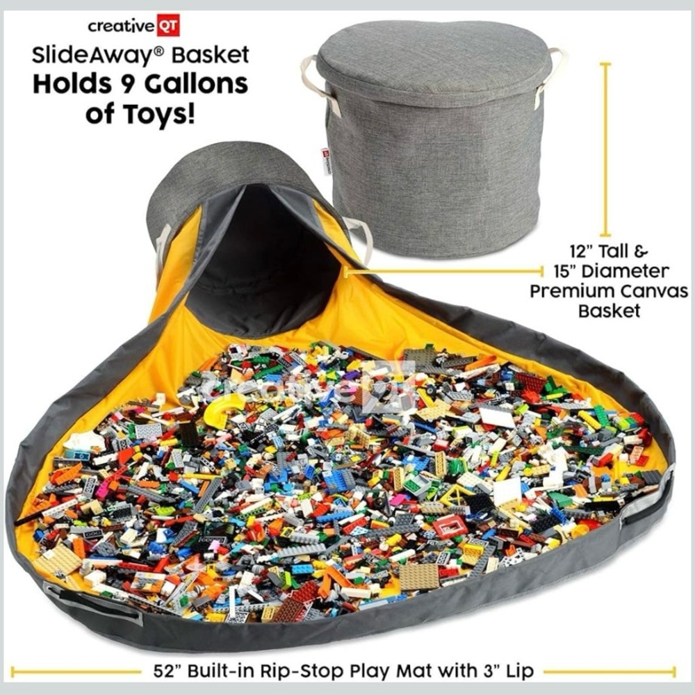 Pour Play and SlideAway Toy Canvas Basket with Yellow Interior